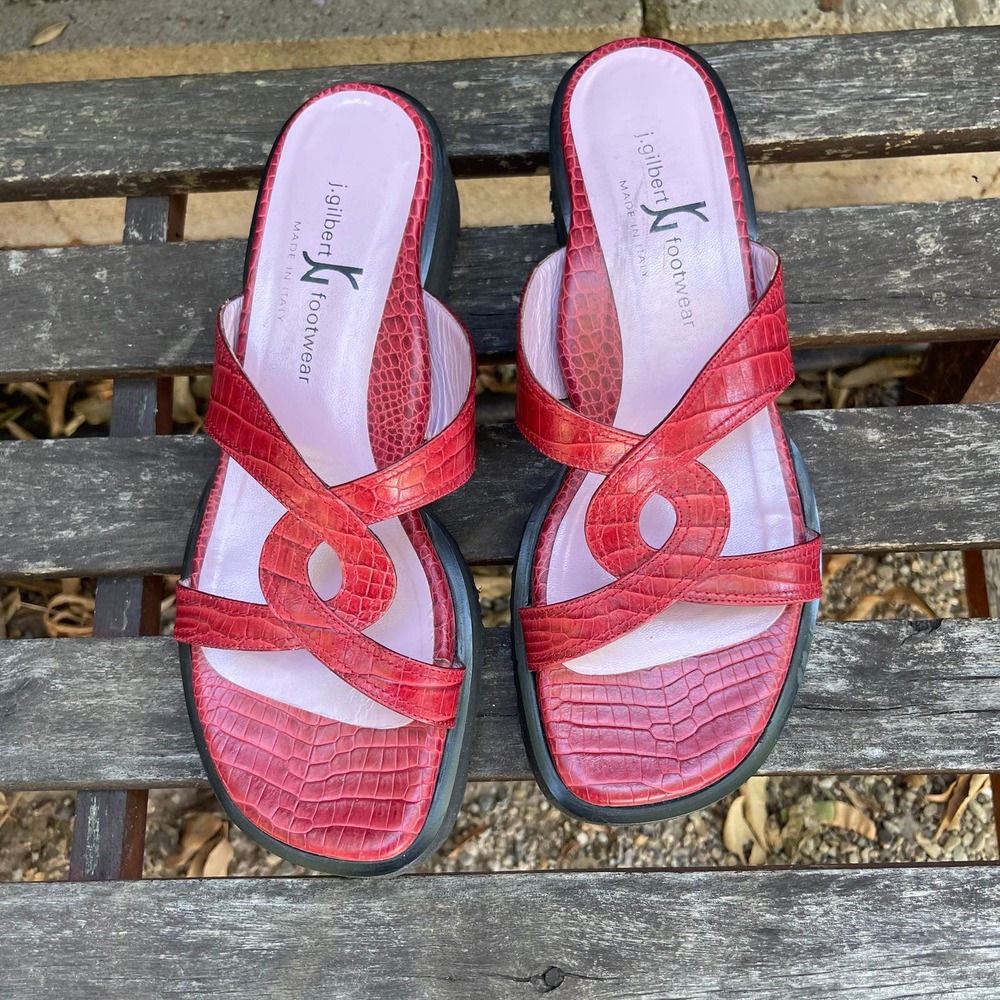 Gilbert Rohde Red Croc-Embossed Leather Slide Sandals - Picture 14 of 16